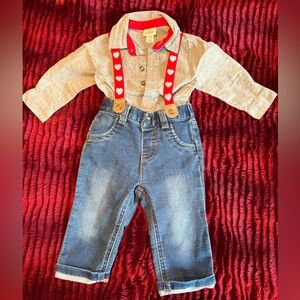 Cat & Jack Gray Onesie and Blue Jeans with Red Heart Suspenders Outfit